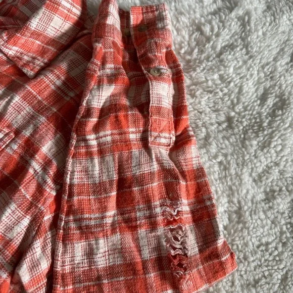 American Eagle Women's M Orange White Plaid Cropped Flannel Button Down Shirt - Picture 3 of 11